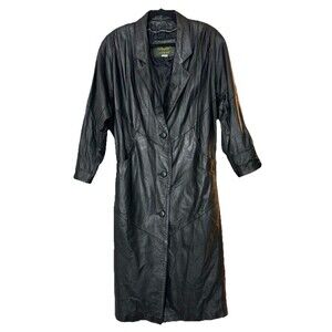Vintage Avanti Leather Black Long Duster 3 Button Trench Coat XS 80s 90s READ